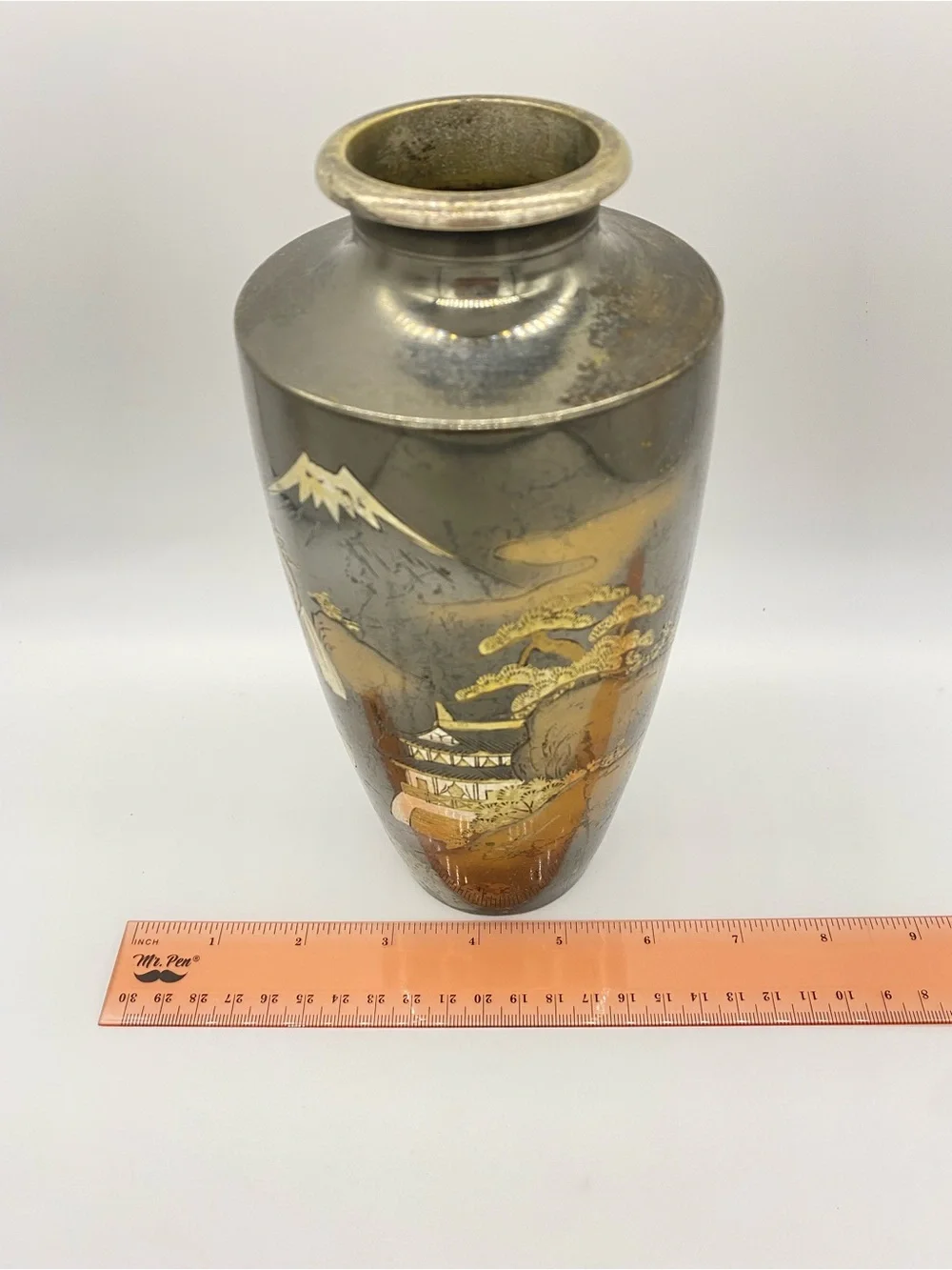 Vintage Japanese Metal Vase Mount Fuji Pagoda Gold Silver Tone Inlay Asian Decor